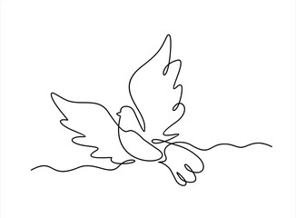 Continuous one line drawing of flying pigeon or gove. Bird symbol of peace and freedom in simple linear style. Concept for logo, card, banner, poster
