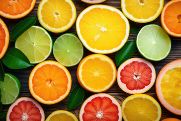 Delicious ripe citrus fruits on a wooden background