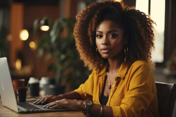 Fototapeta premium Portrait of african american female student using a laptop computer at home, generative ai