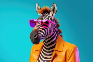 Fotobehang trendy modern zebra animal in stylish outfit with sunglasses © Ekaterina Pokrovsky