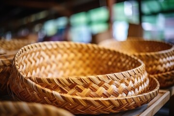 Obraz premium Woman weaving wicker basket indoors. AI Generated