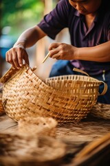 Woman weaving wicker basket indoors. AI Generated