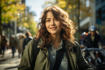 Fototapeta premium Happy and cheerful Asian girl woman enjoying the bike activity on street of the city. Bike commuting, commute on bike, eco concept.