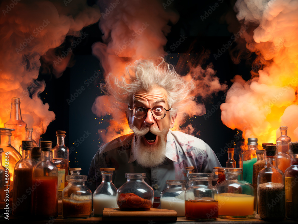 Poster funny crazy scientist in laboratory with different magic potions. halloween concept. generative ai