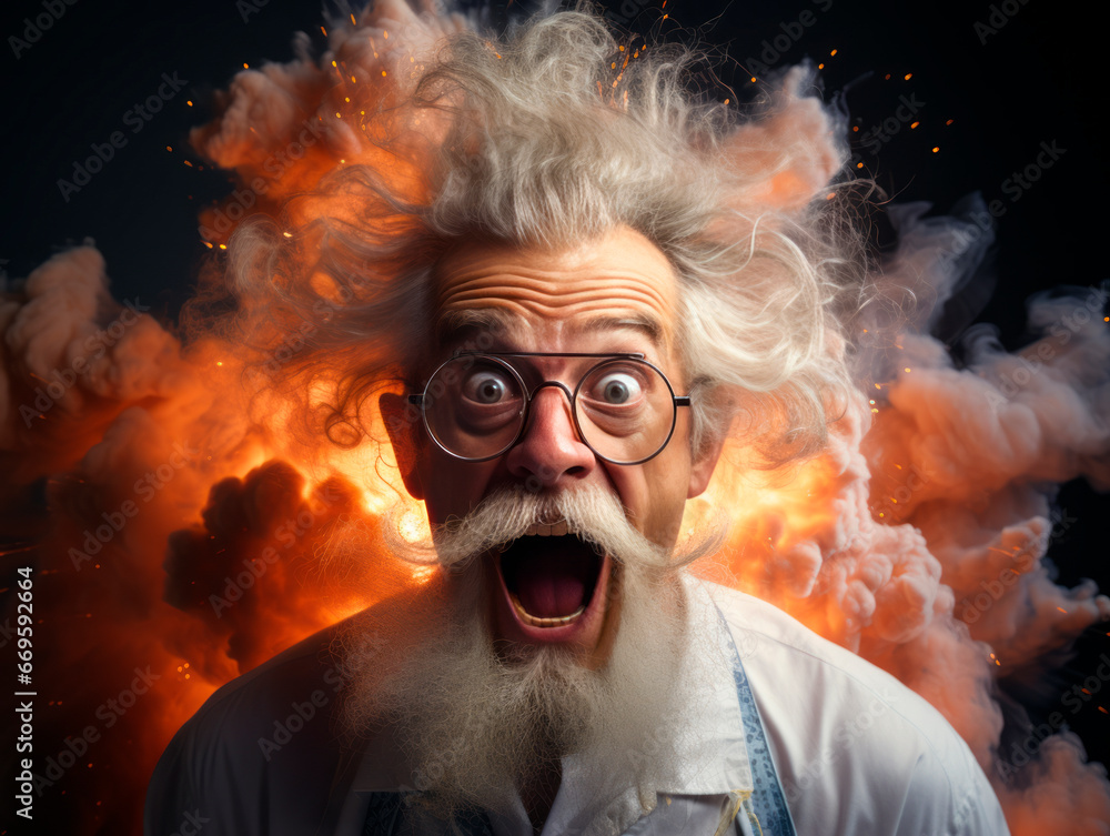 Poster portrait of an old man with a white beard and glasses on a black background with smoke. generative a