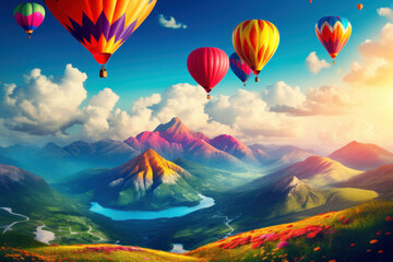 Fototapeta premium beautiful bright colorful multi-colored balloons against the backdrop of picturesque mountains