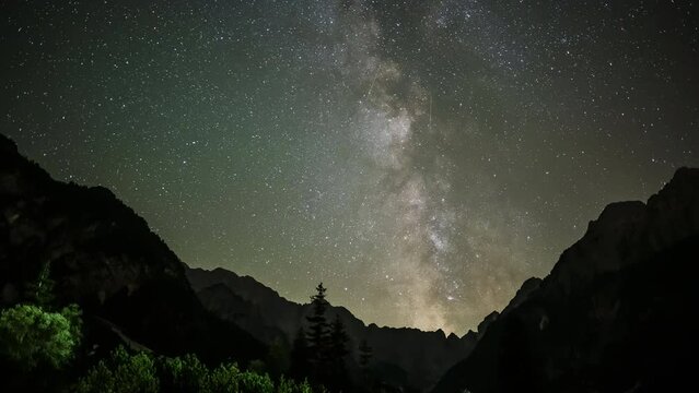 Time lapse of the Milky way galaxy stars moving over the mountain landscape.