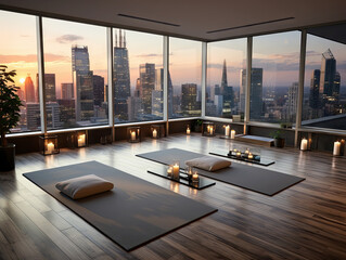 modern yoga room with a panoramic city view. Generative AI - obrazy, fototapety, plakaty