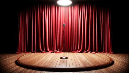 Red stage curtain with spotlight, wooden floor and microphone. Mockup. Generative AI