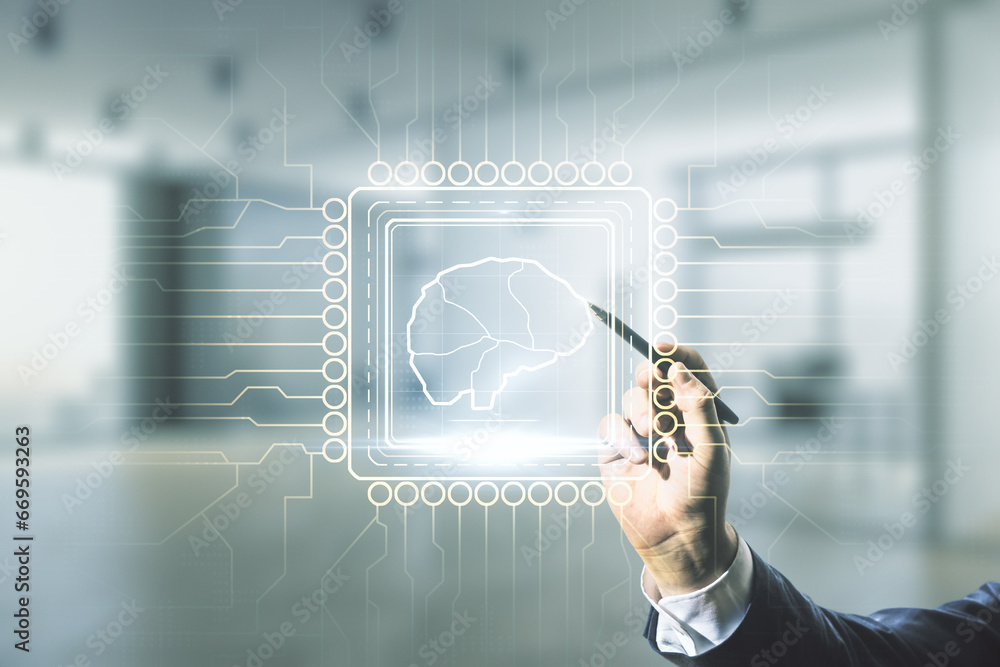 Poster double exposure of man hand with pen working with creative human brain microcircuit hologram on blur
