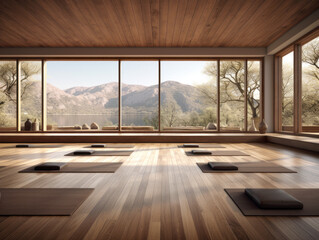Yoga room with wooden floor and panoramic view. Generative AI