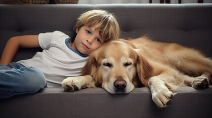 copy space, stockphoto, A boy relaxing on a sofa with a dog, in the living room. Friendship between a dog and a boy. Relax time with a young boy and his dog.