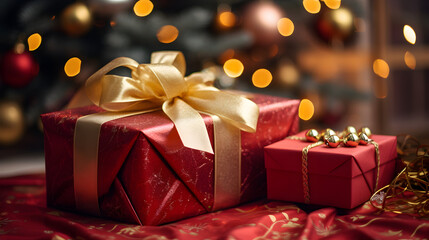 Colorful and Ribbon-Adorned Gift Packages Under the Christmas Tree. High-Quality 4K