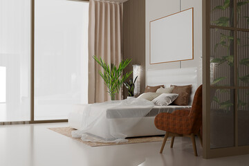 Frame mockup with bed and flower in Scandinavian interior. Interior mockup. 3d rendering,