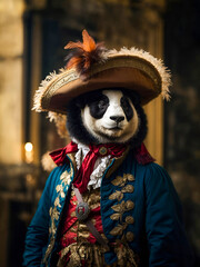 Panda in a hat with a feather, in a men's medieval costume of the 18th century
