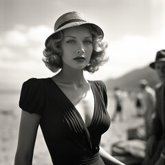 vintage 1940s portrait of a blond woman wearing a fedora hat at the beach