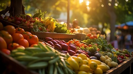 Shopping cart filled with a colorful array of fresh, organic fruit and vegetables in a local market, shop shelves overwhelmed with fresh tropical fruit and vegetables   - obrazy, fototapety, plakaty
