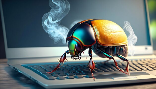 Beetle attacks and destroys electronics. Concept of computer virus and malicious software code.