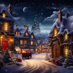 Fototapeta na wymiar christmas scene with a train and a town at night with snow on the ground and a full moon in the sky