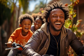 Happy and cheerful Afro American family enjoying outdoor bikes activity on the streets of the city .