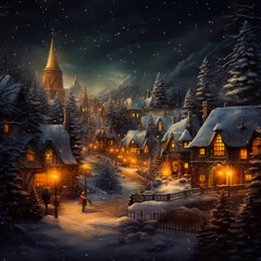 a painting of a snowy village at night with a church and a person walking in the snow at the end
