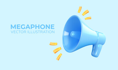 Blue megaphone in 3D style. Horn isolated on background. Important announcement, advertising, marketing or news. Vector illustration