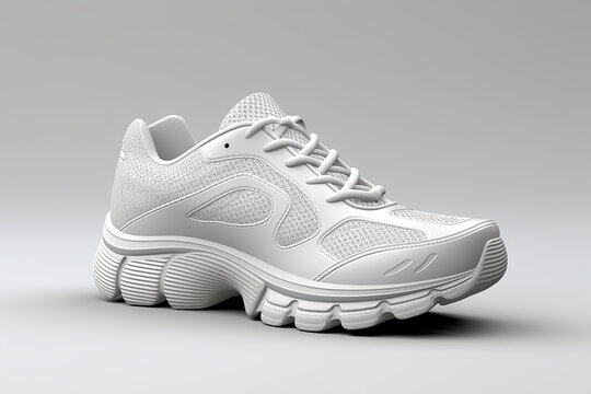 The shot of a white running sport sneaker shoe pair isolated on a white  orange  grey  blue background. Generative AI.