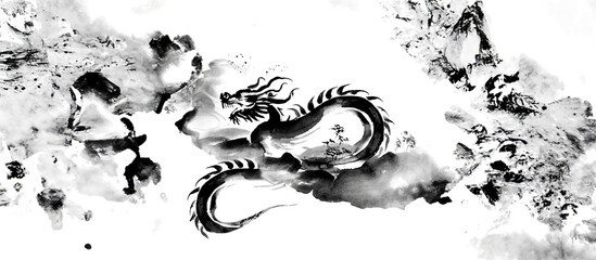 水墨画で描かれた年賀状の干支 雲の中から現れた辰（龍） - obrazy, fototapety, plakaty