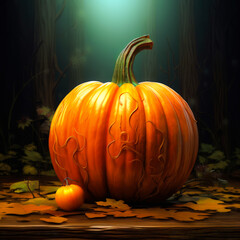 a pumpkin with a carved face sitting on leaves in the dark forest with a light shining on it's side