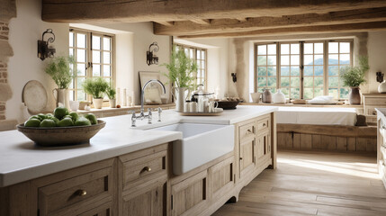 A rustic farmhouse kitchen with exposed wooden beams and a large farmhouse sink.