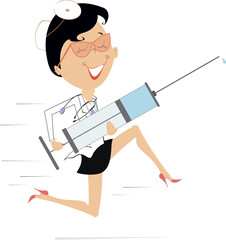 Smiling doctor woman with a big syringe runs to render the medical aid.
Cartoon hurry doctor woman holding a big syringe. Isolated on white background
