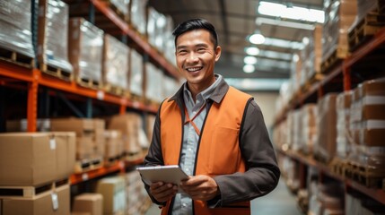 Asian male store worker and tablet working at warehouse distribution