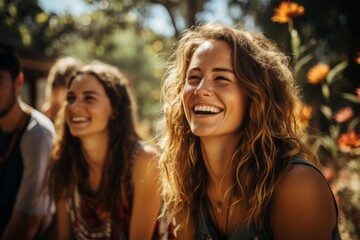 Fototapeta premium Lovable caucasian girls expressing positive emotions to camera. Outdoor photo of cheerful girls posing on city park background.