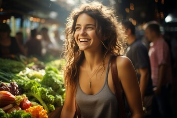 Young happy cheerful smiling women girl shopping vegetables and fruits at the farmers market - obrazy, fototapety, plakaty