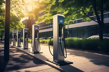 Modern fast electric vehicle chargers station in city, electric car charging station