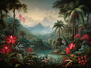 Fototapeta na wymiar Enchanting Tropical Jungle: Vivid Forest Scene with Parrots, Birds, and Butterflies in Old-Style Hand-Painted Mural. Nature's Beauty Captured in Vintage Elegance. Generative AI