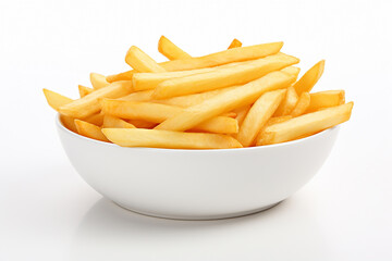 The fresh yummy french fries in a white bowl isolated on a clear white background shot in a studio....