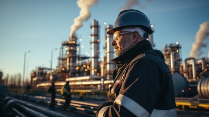 Male engineer and tablet working at oil and gas factory - obrazy, fototapety, plakaty