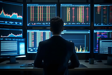 Financial Analyst working on a computer with multiple monitors with stocks, commodities and forex charts and candlesticks. Man at work in investment broker agency office at night. - obrazy, fototapety, plakaty