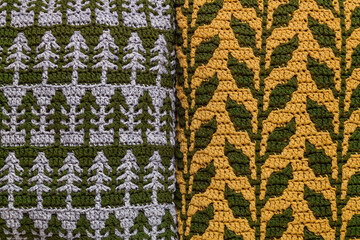 Mosaic crochet fabric with foliage and Christmas tree pattern.