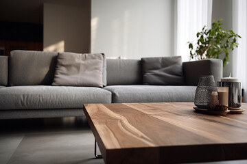 The close up detail of a coffee table and comfortable sofa with cushions in a modern living room, Generative AI.