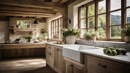Fototapeta premium A rustic farmhouse kitchen with exposed wooden beams and a large farmhouse sink.