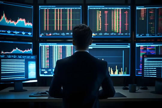 Financial Analyst working on a computer with multiple monitors with stocks, commodities and forex charts and candlesticks. Man at work in investment broker agency office at night.