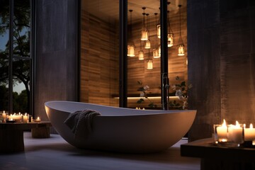 Modern bathroom interior with bathtub and chic vanity, black walls, parquet floor, plants, wooden wall panel, and natural lighting. Minimal bathroom 