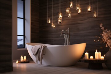 Modern bathroom interior with bathtub and chic vanity, black walls, parquet floor, plants, wooden...