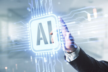 Double exposure of man hand presses on creative artificial Intelligence icon on blurred office background. Neural networks and machine learning concept