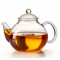 Transparent glass teapot with tea, on a white background