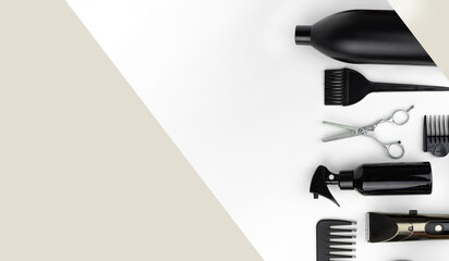 Composition with scissors, other hairdresser's accessories on white background. Professional items for a hairdressers, haircuts on a white background. - obrazy, fototapety, plakaty