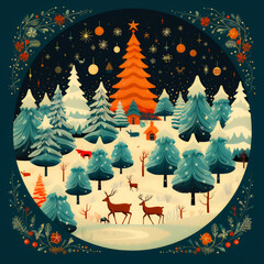a snowy christmas scene with a deer and a tree in the middle of the picture and a star filled sky