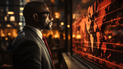 Illustration of a businessman looking at an earth map in the form of an orange hologram in an office. Wallpaper, background.